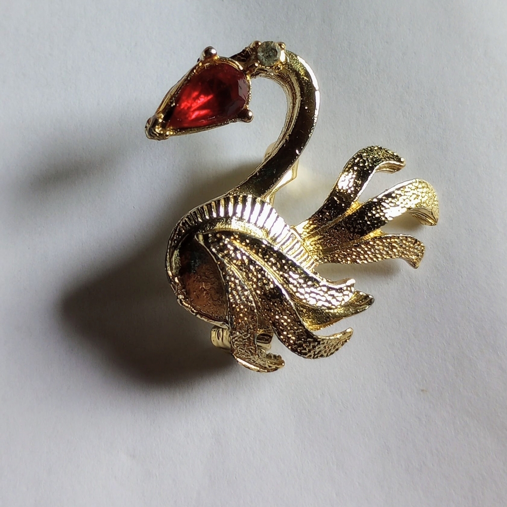 Vintage Gold and Red Gemstone Swan Brooch